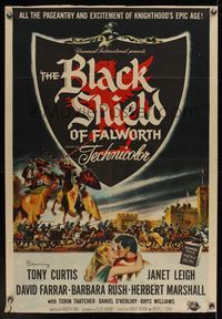 6k083 BLACK SHIELD OF FALWORTH 1sh '54 Tony Curtis & Janet Leigh, knighthood's epic age, Brown art!