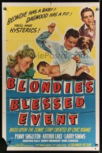 6k090 BLONDIE'S BLESSED EVENT 1sh '42 Penny Singleton has a baby, Arthur Lake has a fit!