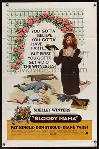 6k092 BLOODY MAMA 1sh '70 Roger Corman, AIP, crazy Shelley Winters w/Bible and tommy gun!