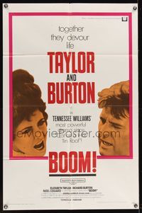 6k099 BOOM 1sh '68 Elizabeth Taylor & Richard Burton, Tennessee Williams drama!