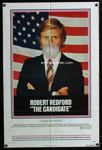6k137 CANDIDATE 1sh '72 great image of candidate Robert Redford blowing a bubble!