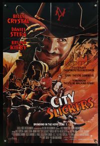 6k161 CITY SLICKERS advance 1sh '91 great artwork of cowboys Billy Crystal & Daniel Stern!