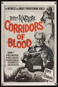 6k174 CORRIDORS OF BLOOD 1sh '63 Boris Karloff, Christopher Lee, blood-curdling experiments!