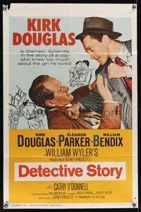 6k213 DETECTIVE STORY 1sh R60 William Wyler, Kirk Douglas about to punch William Bendix!
