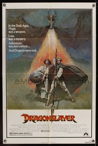 6k247 DRAGONSLAYER 1sh '81 cool Jeff Jones fantasy artwork of Peter MacNicol w/spear, dragon!