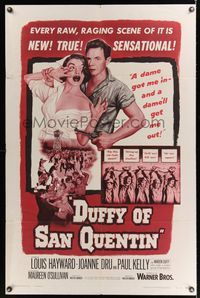 6k250 DUFFY OF SAN QUENTIN 1sh '54 Louis Hayward holds sexy nurse hostage, prison escape artwork!