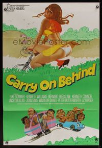 6k145 CARRY ON BEHIND English 1sh 1975 art of sexy Carol Hawkins on bicycle & Elke Sommer in car!