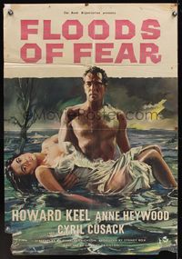 6k301 FLOODS OF FEAR English 1sh '59 art of barechested Howard Keel holding sexy Anne Heywood!