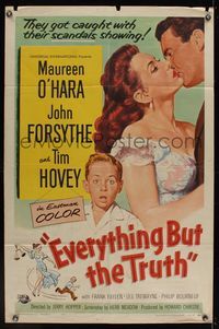 6k268 EVERYTHING BUT THE TRUTH 1sh '56 sexy Maureen O'Hara got caught with her scandals showing!