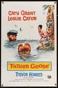 6k280 FATHER GOOSE 1sh '65 sea captain Cary Grant floating in water, pretty Leslie Caron!