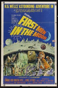 6k291 FIRST MEN IN THE MOON 1sh '64 Ray Harryhausen, H.G. Wells, great sci-fi artwork!