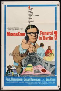 6k315 FUNERAL IN BERLIN 1sh '67 cool art of Michael Caine pointing gun, directed by Guy Hamilton!