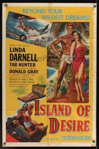 6k448 ISLAND OF DESIRE 1sh '52 full-length art of sexy Linda Darnell & barechested Tab Hunter!