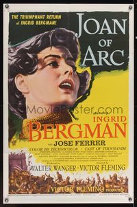6k480 JOAN OF ARC 1sh R57 classic art of pretty Ingrid Bergman in title role!