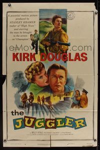 6k485 JUGGLER 1sh '53 Jewish concentration camp survivor Kirk Douglas is on the run from his past!