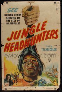 6k490 JUNGLE HEADHUNTERS style A 1sh '51 wild shrunken head image, voodoo documentary!
