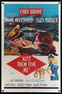 6k499 KISS THEM FOR ME 1sh '57 romantic art of Cary Grant & Suzy Parker, plus sexy Jayne Mansfield!
