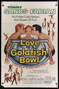6k561 LOVE IN A GOLDFISH BOWL 1sh '61 great close up of Tommy Sands & Fabian kissing pretty girl!