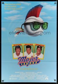 6k576 MAJOR LEAGUE 1sh '89 Charlie Sheen, Tom Berenger, wacky art of baseball with mohawk!