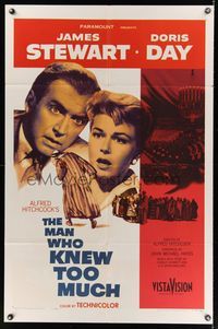 6k589 MAN WHO KNEW TOO MUCH 1sh '56 Alfred Hitchcock, husband & wife Jimmy Stewart & Doris Day!