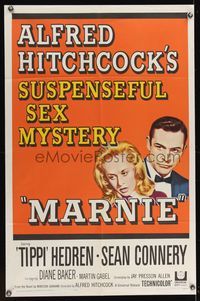 6k594 MARNIE 1sh '64 Sean Connery & Tippi Hedren in Alfred Hitchcock's suspenseful sex mystery!