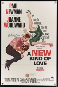 6k636 NEW KIND OF LOVE 1sh '63 Paul Newman loves Joanne Woodward, great romantic art!