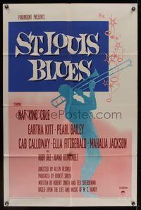 6k825 ST. LOUIS BLUES 1sh '58 Nat King Cole, Eartha Kitt, cool trombone playing art!