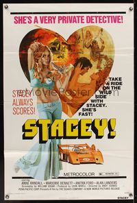 6k826 STACEY 1sh '73 Andy Sidaris directed, sexy artwork of Anne Randall, cool race car!
