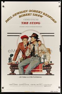 6k833 STING 1sh '74 best artwork of con men Paul Newman & Robert Redford by Richard Amsel!