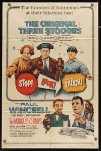 6k837 STOP LOOK & LAUGH 1sh '60 Three Stooges, Larry, Moe & Curly + chimpanzees & dummy!