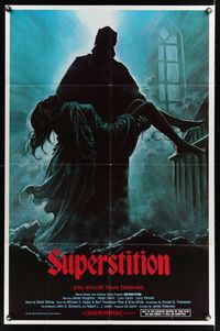 6k850 SUPERSTITION 1sh '82 great horror artwork of monster carrying girl!