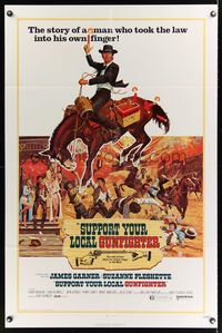 6k851 SUPPORT YOUR LOCAL GUNFIGHTER 1sh '71 wacky art of cowboy James Garner on donkey!