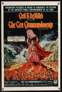 6k871 TEN COMMANDMENTS 1sh R72 artwork of Charlton Heston w/tablets, Cecil B. DeMille!
