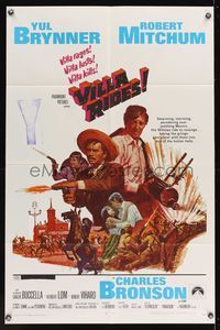6k941 VILLA RIDES 1sh '68 art of Yul Brynner as Pancho & Robert Mitchum, Sam Peckinpah!