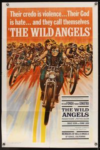 6k972 WILD ANGELS 1sh '66 classic image of biker Peter Fonda & sexy Nancy Sinatra on motorcycle!