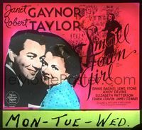 6m104 SMALL TOWN GIRL glass slide '36 Janet Gaynor & Robert Taylor + James Montgomery Flagg art!