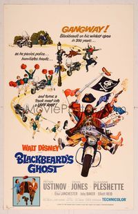 6p111 BLACKBEARD'S GHOST WC '68 Walt Disney, artwork of wacky pirate Peter Ustinov on motorcycle!