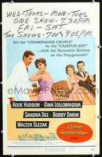 6p131 COME SEPTEMBER WC '61 Sandra Dee, sexy Gina Lollobrigida, Rock Hudson, Bobby Darin