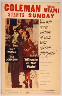 6p207 MIRACLE IN THE RAIN WC '56 great full-length romantic art of Jane Wyman & Van Johnson!
