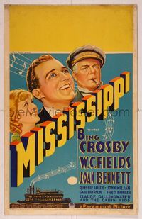 6p209 MISSISSIPPI WC '35 art of Bing Crosby, Joan Bennett, W.C. Fields with cigar & riverboat!