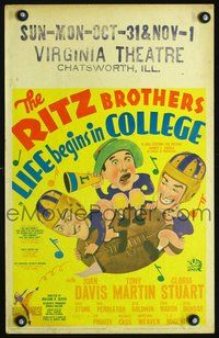 6r173 LIFE BEGINS IN COLLEGE WC '37 great cartoon artwork of The Ritz Brothers riding football!