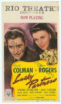 6r014 LUCKY PARTNERS mini WC '40 wonderful close up of Ronald Colman & pretty Ginger Rogers!