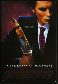 6s049 AMERICAN PSYCHO 1sh '00 image of psychotic yuppie killer Christian Bale, from Ellis novel!