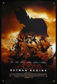6s074 BATMAN BEGINS DS advance June 17 1sh '05 great image of Christian Bale as the Caped Crusader!