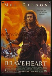 6s109 BRAVEHEART advance 1sh '95 cool image of Mel Gibson as William Wallace!