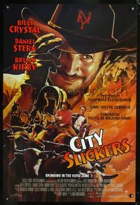 6s139 CITY SLICKERS advance 1sh '91 great artwork of cowboys Billy Crystal & Daniel Stern!