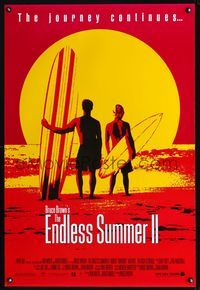 6s188 ENDLESS SUMMER 2 DS 1sh '94 great image of surfers with boards on the beach at sunset!