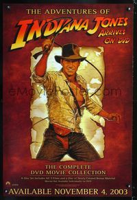 6s285 INDIANA JONES video advance 1sh '03 Indiana Jones Trilogy, art of adventurer w/whip!