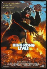6s318 KING KONG LIVES 1sh '86 great artwork of huge unhappy ape attacked by army!