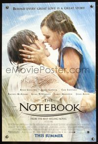 6s415 NOTEBOOK advance DS 1sh '04 huge romantic close up of Ryan Gosling & Rachel McAdams!